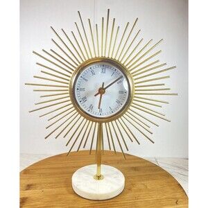 Midcentury Gold Sunburst Table Desk Clock Marble Base Made In USA 12"